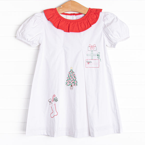 Christmas Day Embroidered Dress, White
