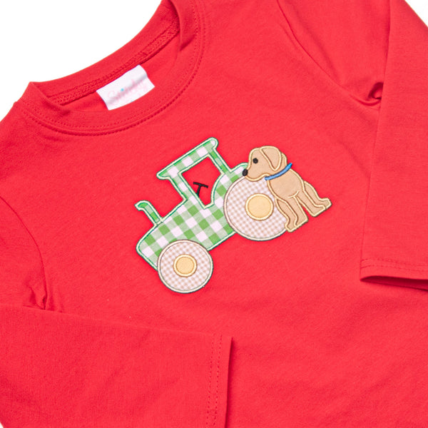 Tractor Tag Along Applique Top, Red