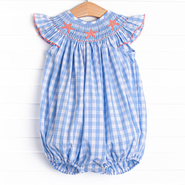 Seaside Stars Smocked Bubble, Blue Check