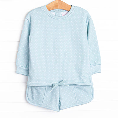 This set features a mint green polka dot print, the most comfortable french terry, and drawstrings on both the top and bottoms.