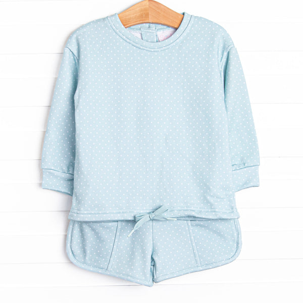 This set features a mint green polka dot print, the most comfortable french terry, and drawstrings on both the top and bottoms.