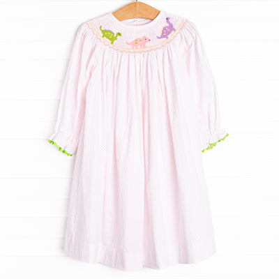 Dino Parade Smocked Dress, Pink
