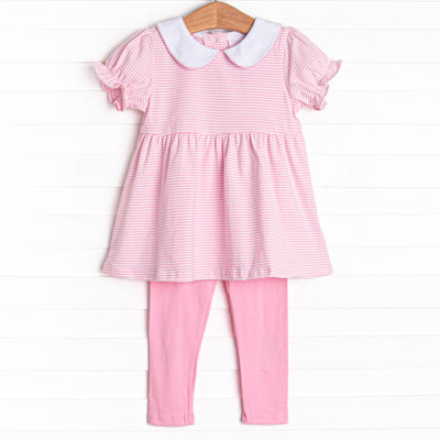  This set features a puff sleeve top in a pink striped print with a peter pan collar and pink leggings. 