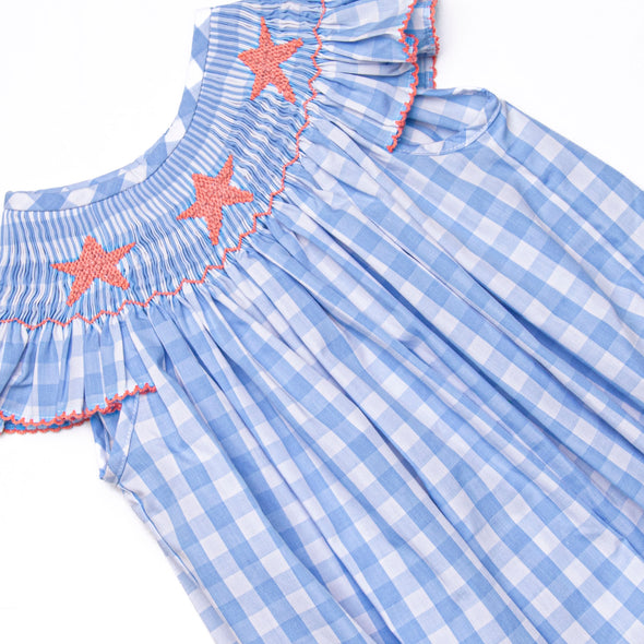 Seaside Stars Smocked Bishop Dress, Blue Check