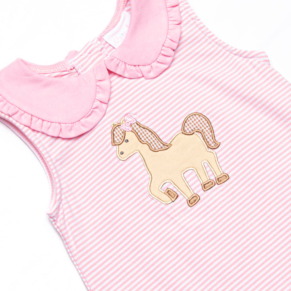 Giddy-Up Gallop Applique Short Set, Pink Stripe