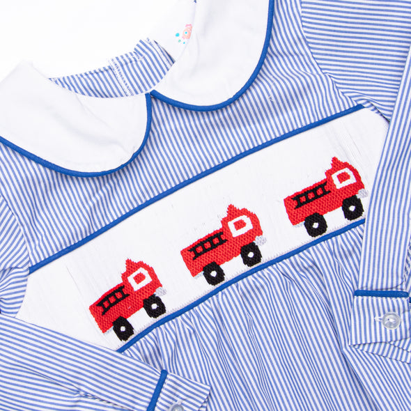 Finley Firetruck Smocked Bubble, Blue