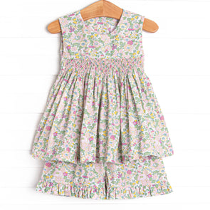 Properly Pleated Petals Smocked Short Set, Pink
