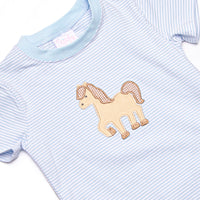 Giddy-Up Gallop Applique Short Set, Blue Stripe