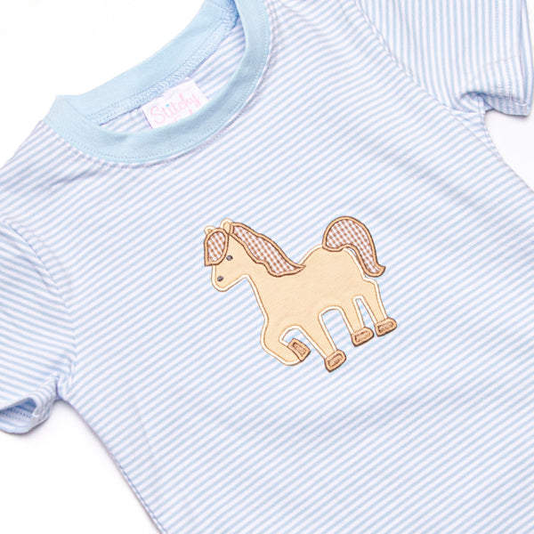 Giddy-Up Gallop Applique Short Set, Blue Stripe