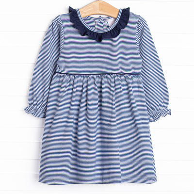 The dress features ruffle collar, navy blue stripes, and soft knit material.