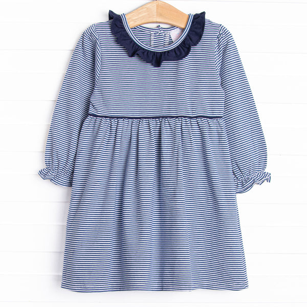 The dress features ruffle collar, navy blue stripes, and soft knit material.