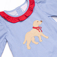 Chasing Tails Applique Ruffle Neck, Blue