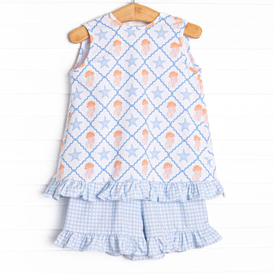 Blue Sea Stinger Ruffle Short Set, Blue