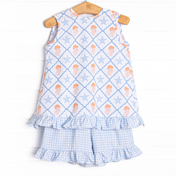 Blue Sea Stinger Ruffle Short Set, Blue