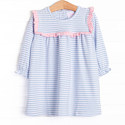 This cozy knit favorite is a staple for every little girl's closet. Featured here in blue stripes and with pink ruffle trim!