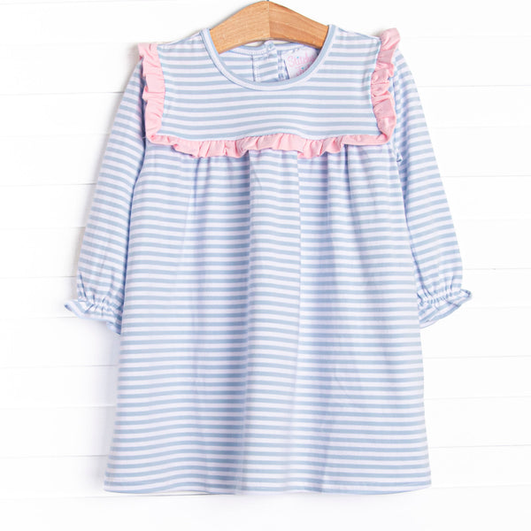 This cozy knit favorite is a staple for every little girl's closet. Featured here in blue stripes and with pink ruffle trim!