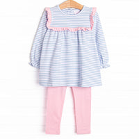  The set features soft knit material, sweet light blue stripes, and coordinating light pink leggings to match. 