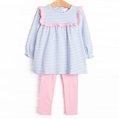  The set features soft knit material, sweet light blue stripes, and coordinating light pink leggings to match. 