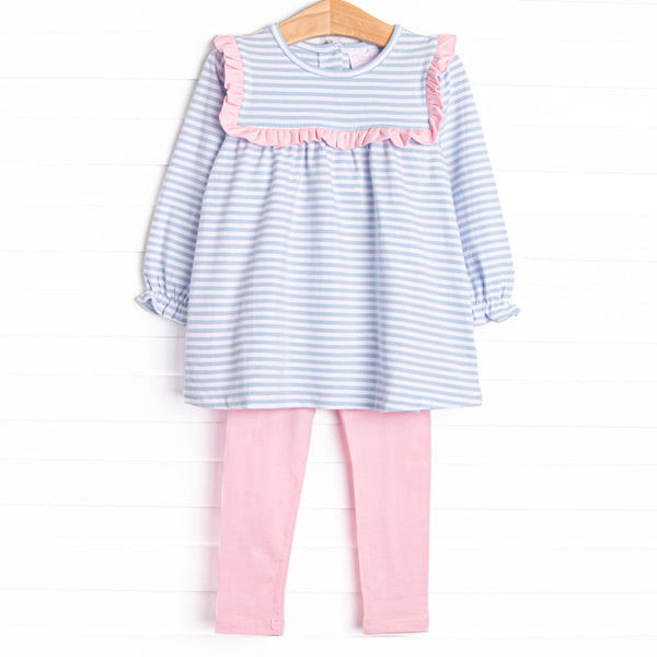  The set features soft knit material, sweet light blue stripes, and coordinating light pink leggings to match. 