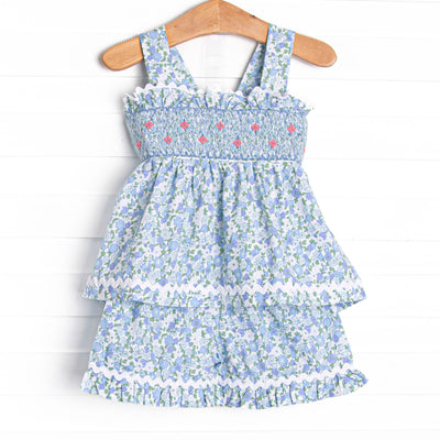 Raleigh Rose Buds Smocked Short Set, Blue