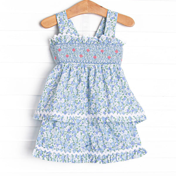 Raleigh Rose Buds Smocked Short Set, Blue