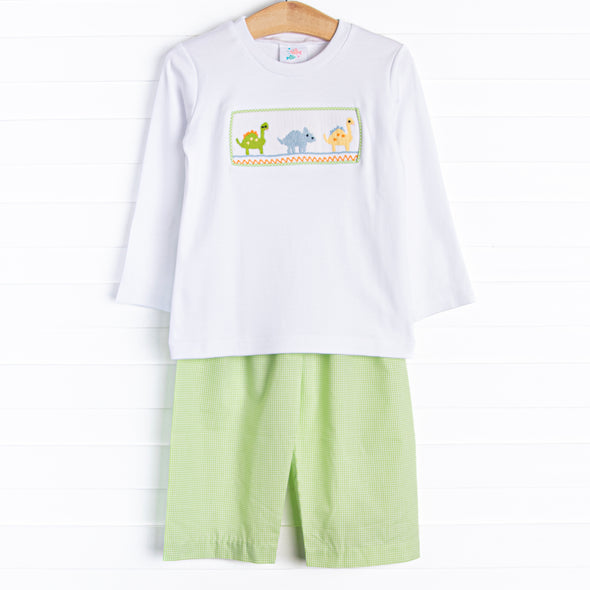 Dino Parade Smocked Pant Set, White