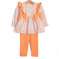  This set features an orange plaid print, orange bows, and coordinating orange leggings to match. 
