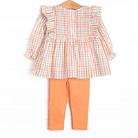 Patchwork Plaid Elastic Smocked Legging Set, Orange