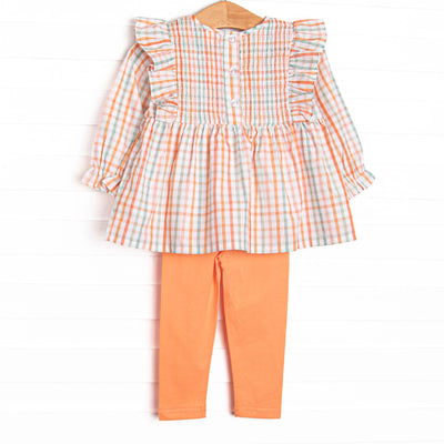 Patchwork Plaid Elastic Smocked Legging Set, Orange