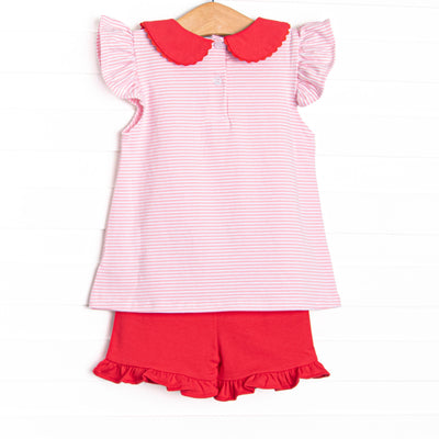 Ladybug Line Applique Ruffle Short Set, Pink Stripe