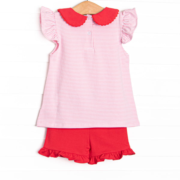 Ladybug Line Applique Ruffle Short Set, Pink Stripe