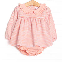 The set features peach stripes, peach peter pan collar, and peach knit diaper cover. 