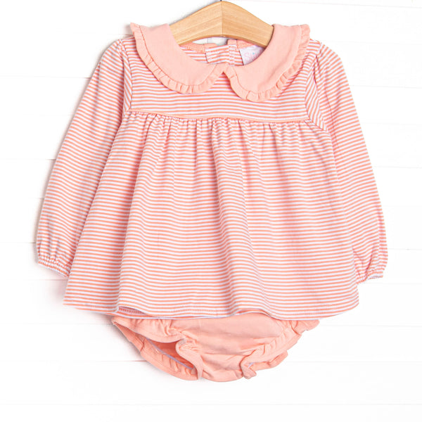  The set features peach stripes, peach peter pan collar, and peach knit diaper cover. 