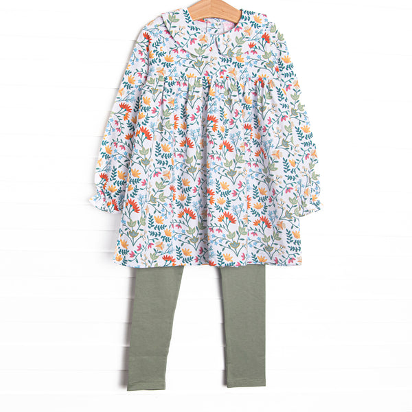 The Emily Legging Set is featured in adorable green, orange and yellow floral print with long sleeves, Peter Pan collar, and coordinating green leggings.