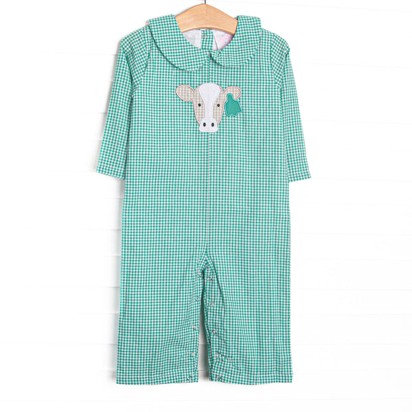  This romper features mint green gingham, a peter pan collar, and a cow applique. 