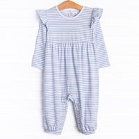  The romper features long flutter sleeves, sweet blue stripes, and soft knit material. 