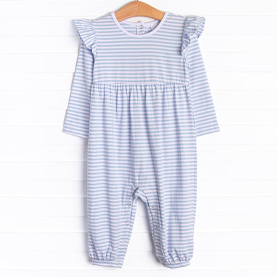  The romper features long flutter sleeves, sweet blue stripes, and soft knit material. 