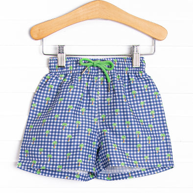 Palm Tree Plaid Swim Trunks, Blue