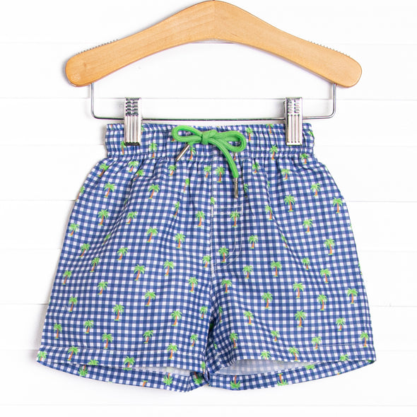 Palm Tree Plaid Swim Trunks, Blue