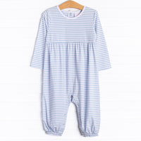 The Romper features long sleeves, snaps in the stride to make changing a breeze, and soft knit material.