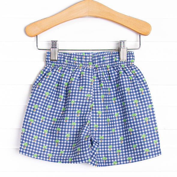 Palm Tree Plaid Swim Trunks, Blue