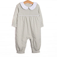 This romper is featured in green gingham print, with a peter pan collar and snaps on the stride to make changing a breeze.