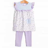 This legging set features a mix of stripes and floral print on the&nbsp; top with flutter sleeves, lavender trim around the neck and sleeves and coordinating leggings.