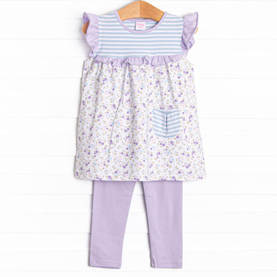 This legging set features a mix of stripes and floral print on the&nbsp; top with flutter sleeves, lavender trim around the neck and sleeves and coordinating leggings.
