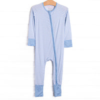  This zippy is made of the extremely soft, stretchy bamboo viscose fabric that feels like butter. With fold over cuffs at the feet so it can be worn as a romper or a zippy, a double zipper for easier diaper changes, and a light blue gingham print 