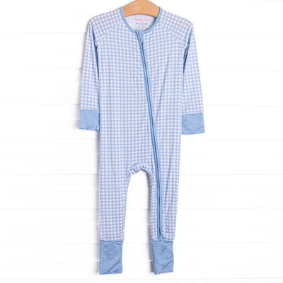 This zippy is made of the extremely soft, stretchy bamboo viscose fabric that feels like butter. With fold over cuffs at the feet so it can be worn as a romper or a zippy, a double zipper for easier diaper changes, and a light blue gingham print 