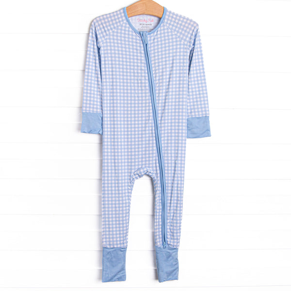  This zippy is made of the extremely soft, stretchy bamboo viscose fabric that feels like butter. With fold over cuffs at the feet so it can be worn as a romper or a zippy, a double zipper for easier diaper changes, and a light blue gingham print 