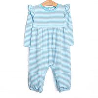  The romper features long flutter sleeves, sweet aqua stripes, and soft knit material. 