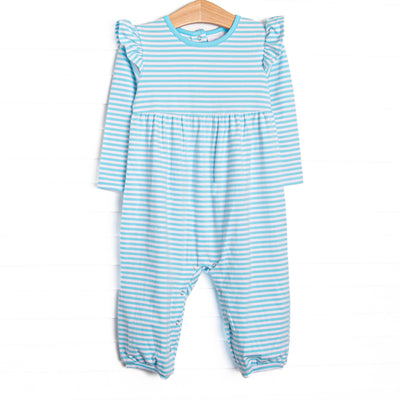  The romper features long flutter sleeves, sweet aqua stripes, and soft knit material. 