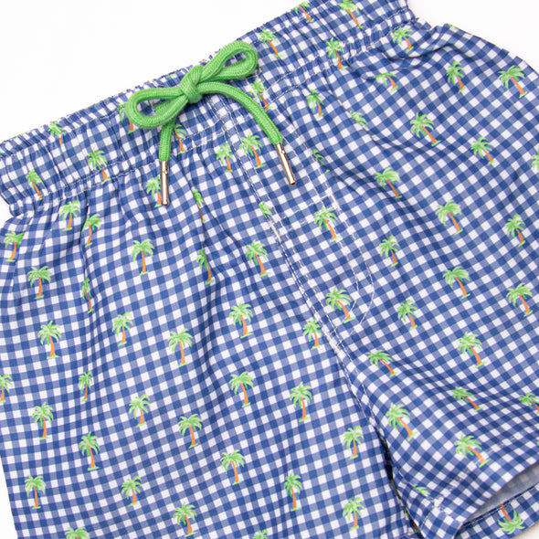 Palm Tree Plaid Swim Trunks, Blue